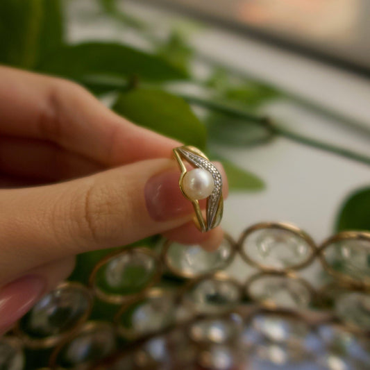 Pearl & Diamond Crossover Ring (14k Two - Tone Gold) - Ryan Diamonds LA