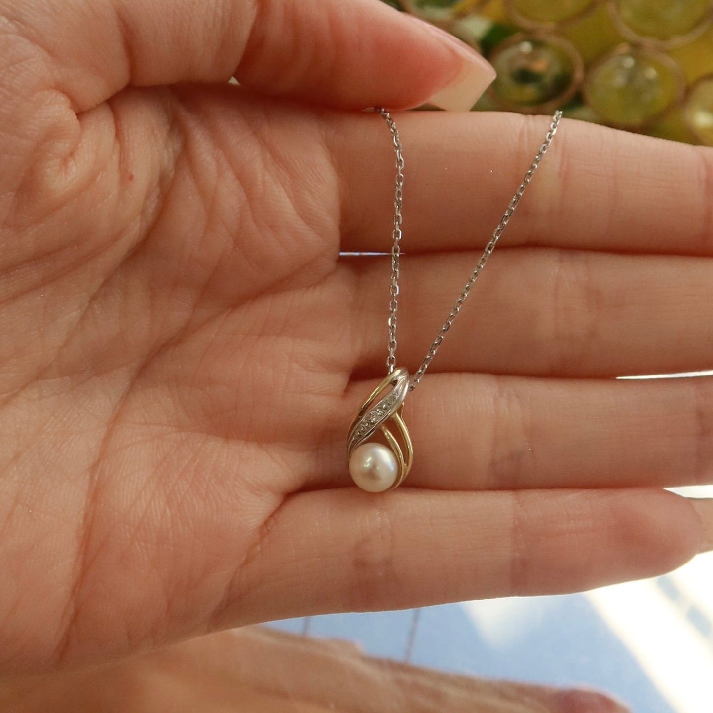 14K Two - Tone Gold Natural Pearl & Diamond Swirl Pendant Necklace - Ryan Diamonds LA