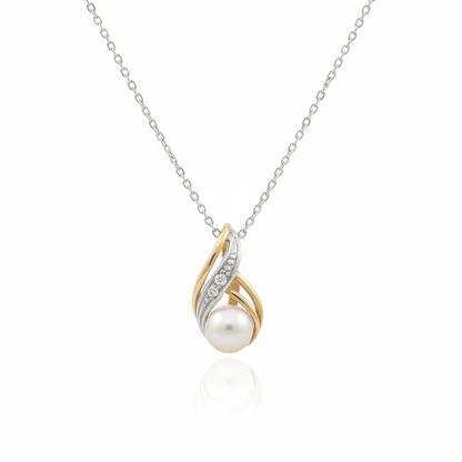 14K Two - Tone Gold Natural Pearl & Diamond Swirl Pendant Necklace - Ryan Diamonds LA