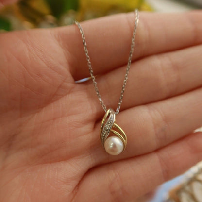 14K Two - Tone Gold Natural Pearl & Diamond Swirl Pendant Necklace - Ryan Diamonds LA