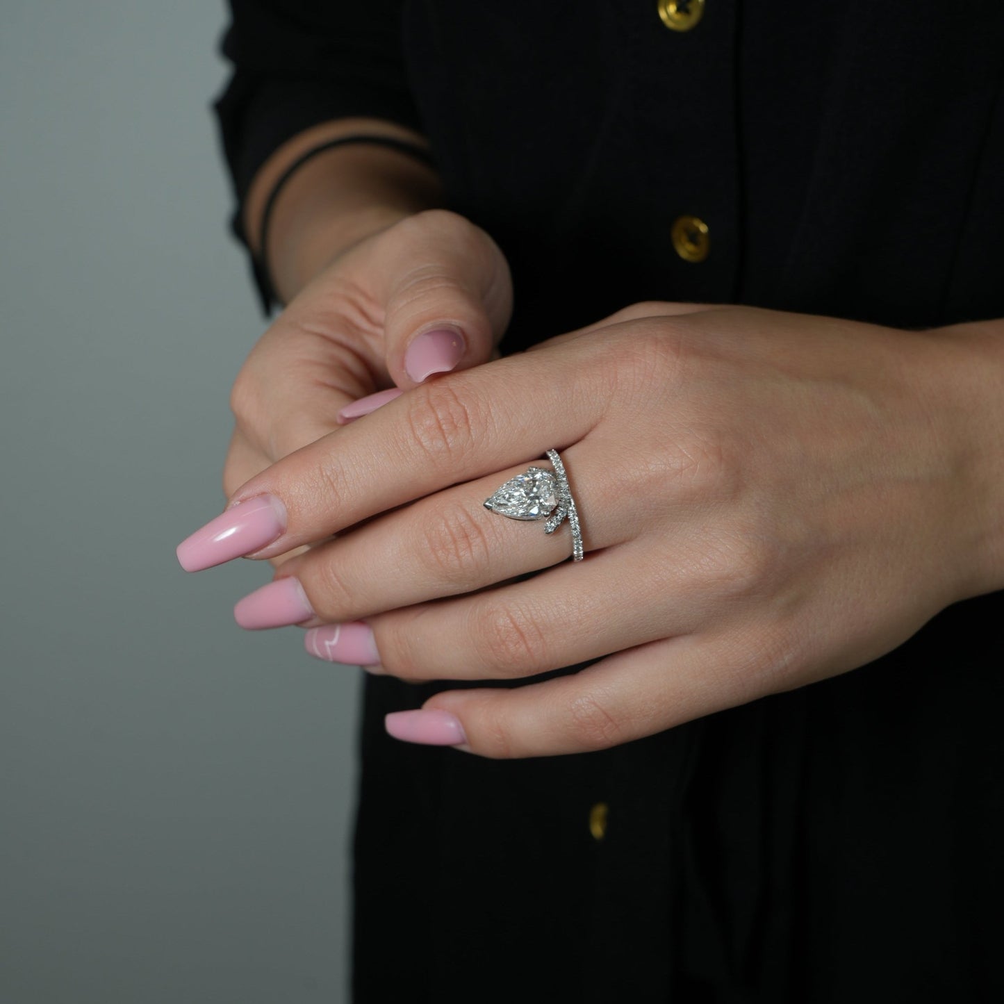 14k White Gold Pear Diamond Ring with Accented Band - Ryan Diamonds LA