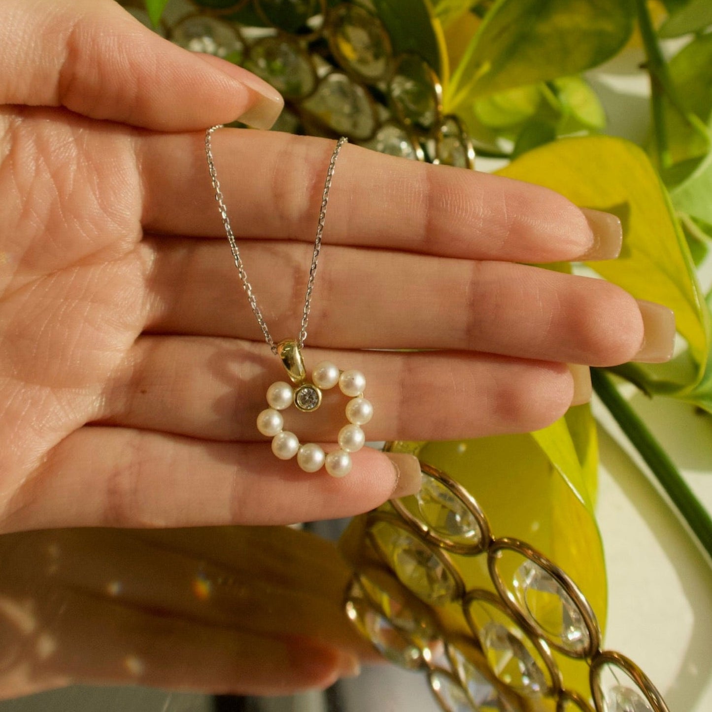 14K Yellow Gold Freshwater Pearl & Diamond Heart Necklace - Ryan Diamonds LA