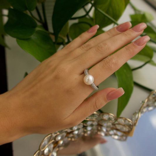 Pearl and Diamond Pave Ring (14k White Gold) - Ryan Diamonds LA