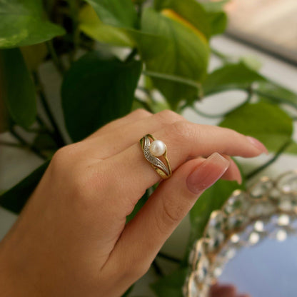 Pearl & Diamond Crossover Ring (14k Two - Tone Gold) - Ryan Diamonds LA