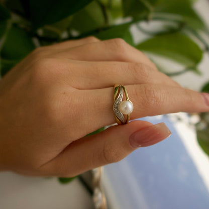 Pearl & Diamond Crossover Ring (14k Two - Tone Gold) - Ryan Diamonds LA